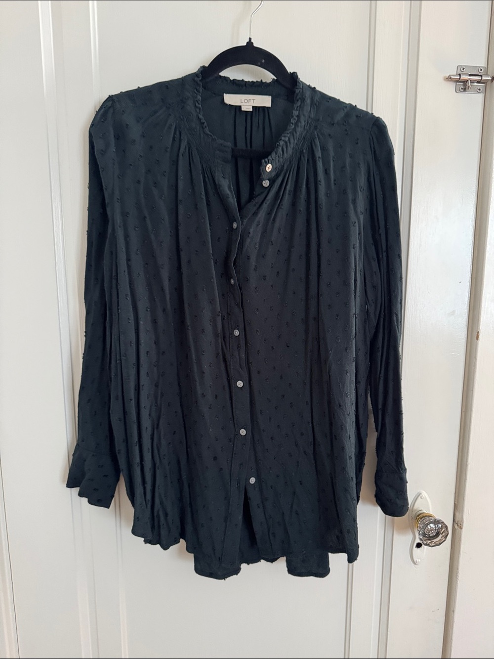 LOFT Black Swiss Dot Button-Front Blouse